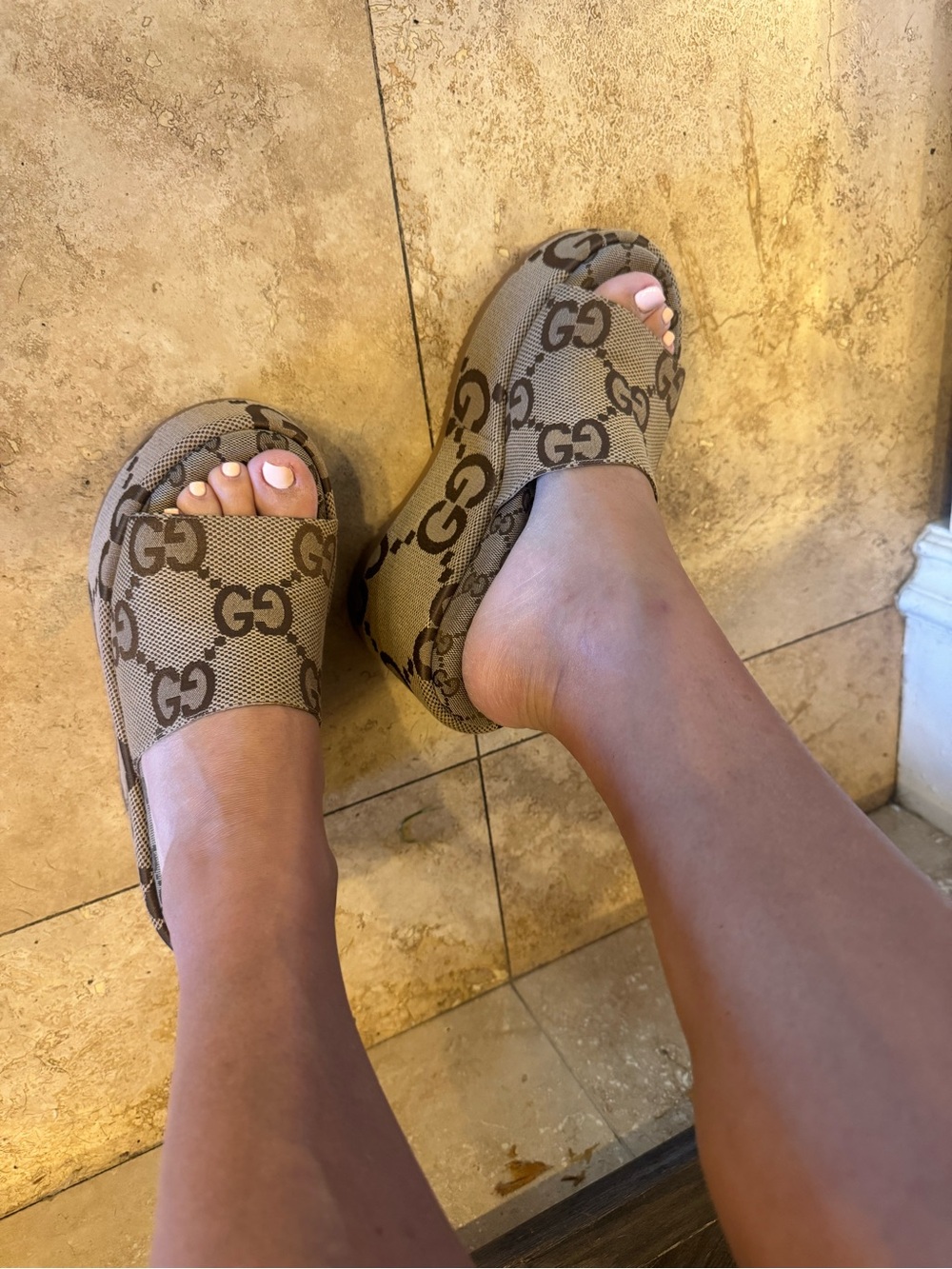 Gucci Tan GG Canvas wedges Slide Mules